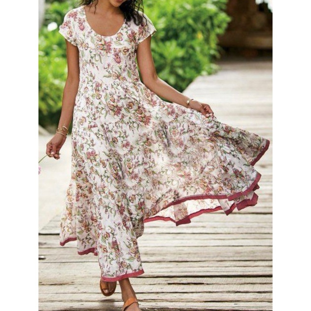 Floral Tiered Maxi Dress in Cream and Rose - Women